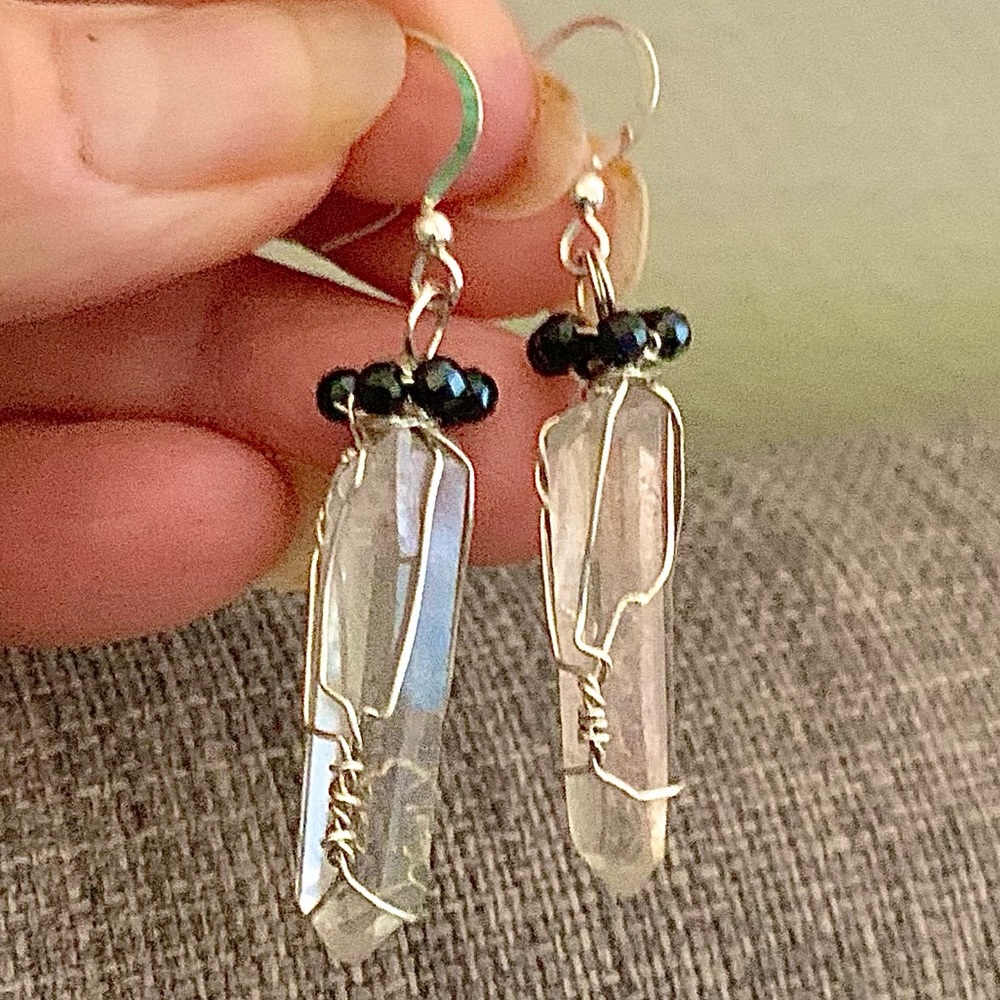 Quartz Crystal Earrings & Black Spinel beads